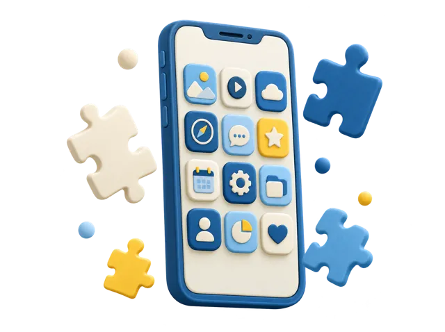 Smartphone mit abgerundeten App-Kacheln, daneben schwebende Puzzleteile