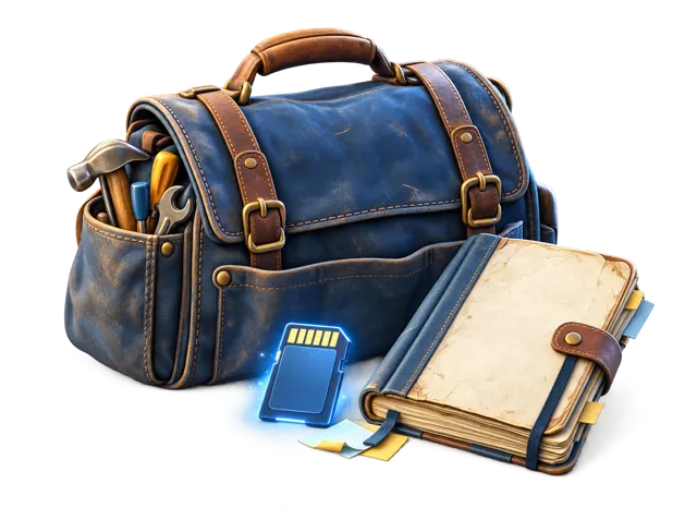 Alte Werkzeugtasche und abgegriffenes Notizbuch neben einer leuchtenden Speicherkarte